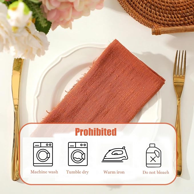 Cotton Blend Fringe Cloth Napkins - Crinkle Gauze Dinner Napkins, Reusable & Washable Table Napkins, 17" x 17" (43 x 43 cm), Multiple Colors, 12/24/48/100 Pack (24, Terracotta)