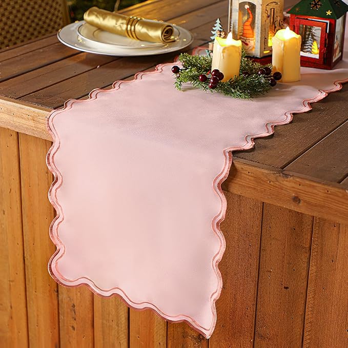 Scalloped Edge Table Runner 70 Inches Preppy Embroidery Edge Table Runner Cute Neutral Rustic Dining Decor for Kitchen(Blush Pink, Peach)