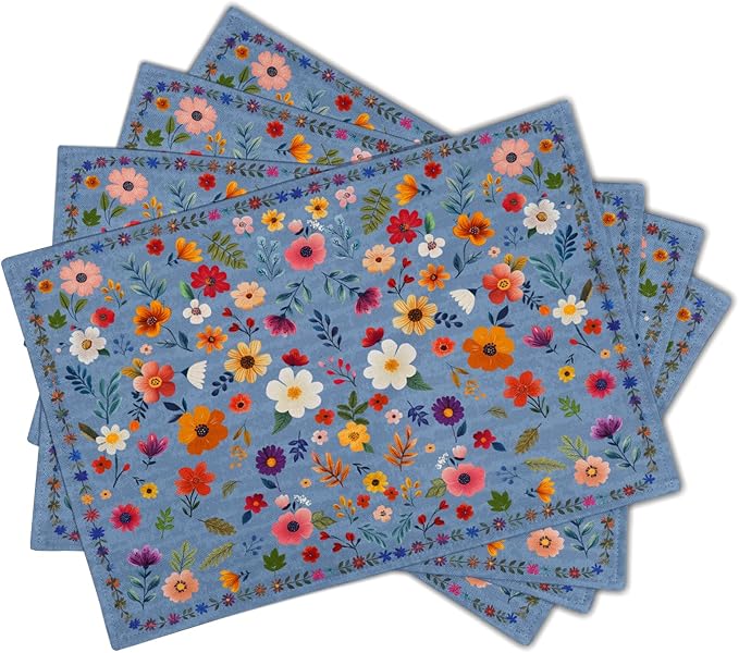 Blue Flowers Linen Placemats Set Spring Floral Table Mat for Women Kitchen Dining Decoration