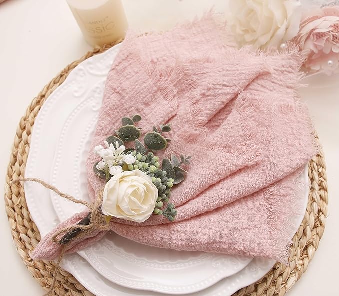 Cloth Napkins with Fringe Set of 12,100% Natural Soft Cotton, Easter Spring Washable Gauze Napkins for Wedding Decorative,Dinner Parties, (12 Pack, Dusty Pink)
