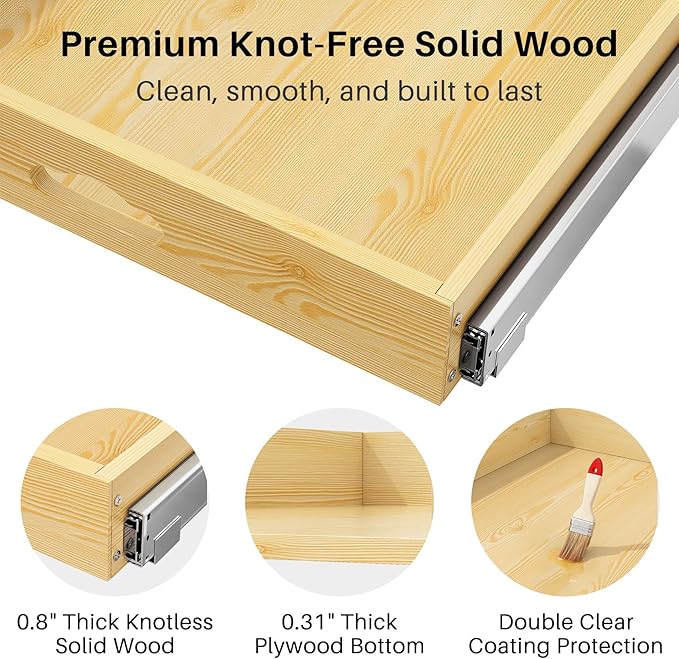 Pull Out Cabinet Organizer, Soft Close Wooden Slide Out Drawers for Pots and Pans, Full-extension Roll Out Shelves for Kitchen Cabinets, Pantry Organization, Bottom & Side Mount( 12"W X 21"D x 3.4''H)