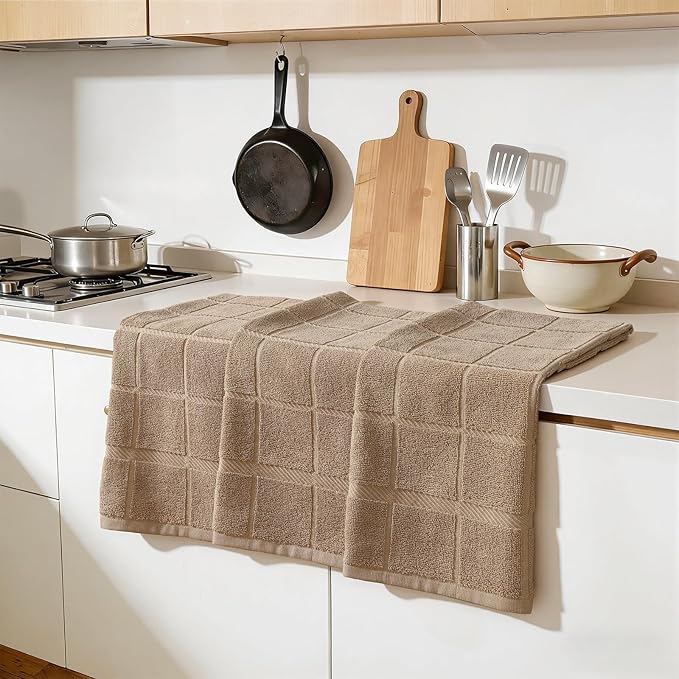 Homaxy Premium Kitchen Towels 18"x28", 8 Pack Large Cotton 380 GSM Dish Towels, Soft and Absorbent Kitchen Hand Towels with Terry Grid Design, Utility Tea Towel Set with Hanging Loop, Khaki