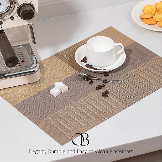 Placemats Set of 8 - Easy Clean Woven Vinyl Placemats for Dining Table, Indoor/Outdoor Place Mats, Washable PVC Table Mats （Gold Dune）