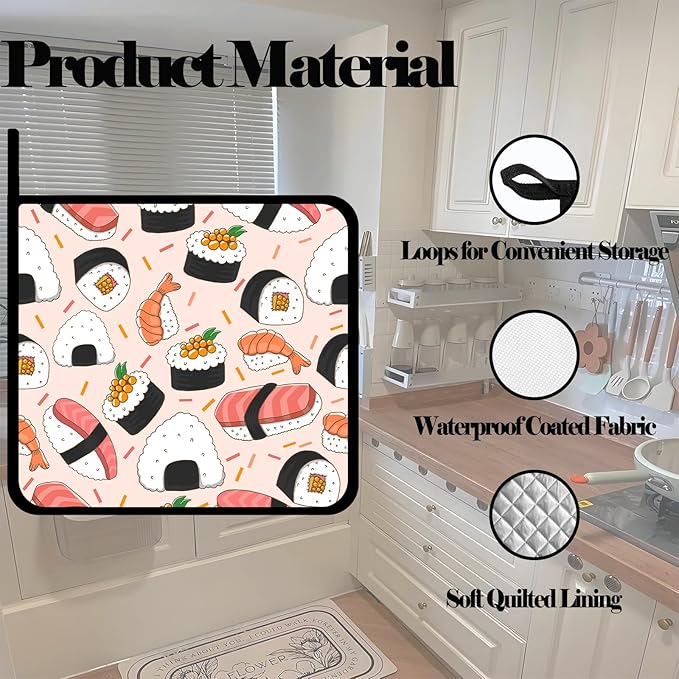 Cute Sushi Pot Holders 2 PCS,Kitchen Heat Resistant Hot Pads for Cooking Grilling Baking BBQ, Pot Holders for Women Cook Home Microwave