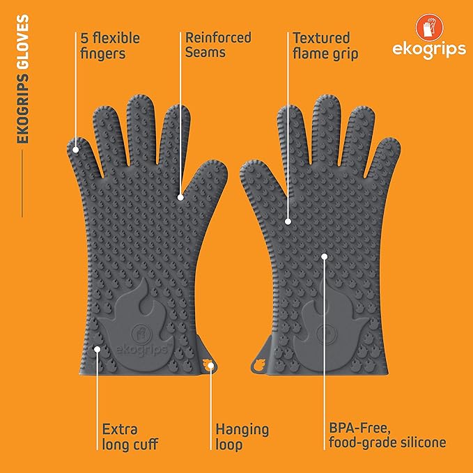 Jolly Green Products Ekogrips Heat-Resistant BBQ Gloves – Premium Silicone Cooking & Grill Gloves for Oven, Fireplace & Campfire Use, Non-Slip, Waterproof, Grey, XXL