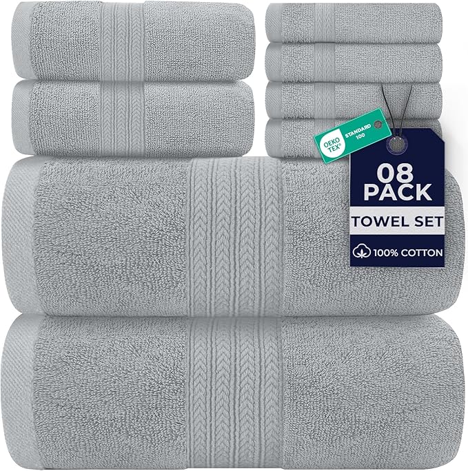DAN RIVER 8 PC Luxury Bath Towels for Bathroom, 2 Bath, 2 Hand, and 4 Wash Cloths, 600 GSM 100% Ring Spun Cotton Towel Set, Highly Absorbent, Gym, Hotel, and Spa, Silver