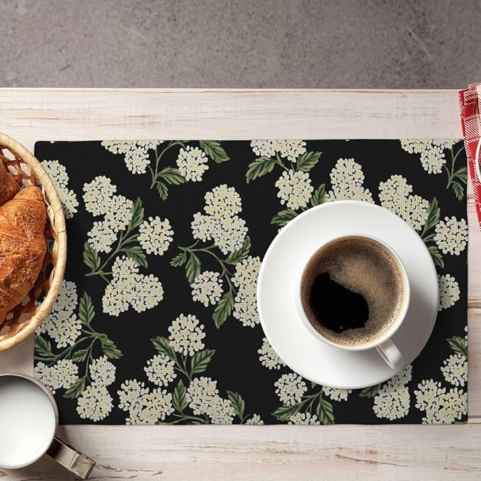 Black Placemats Set of 4 Green Hydrangea Flower Decor Place Mats 12x18 Inch Vintage Floral Spring Summer Seasonal Decorative Linen Table Mats for Kitchen Dining Party Table Decoration