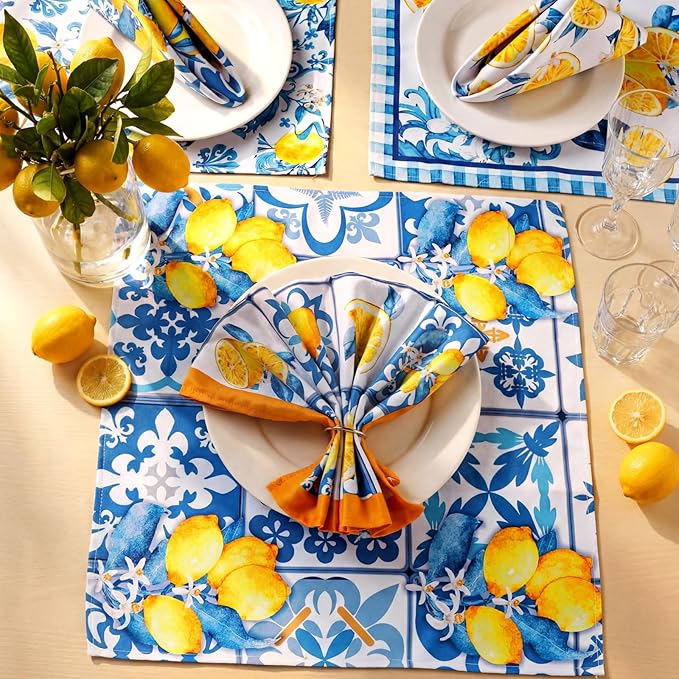 Sratte 12 Pcs Capri Lemon Cloth Napkins Mediterranean Yellow Blue Floral Cloth Napkin Italian Style Dinner Towel Amalfi Coast Party Decorations for Home Dinner Party Kitchen Wedding Cocktail