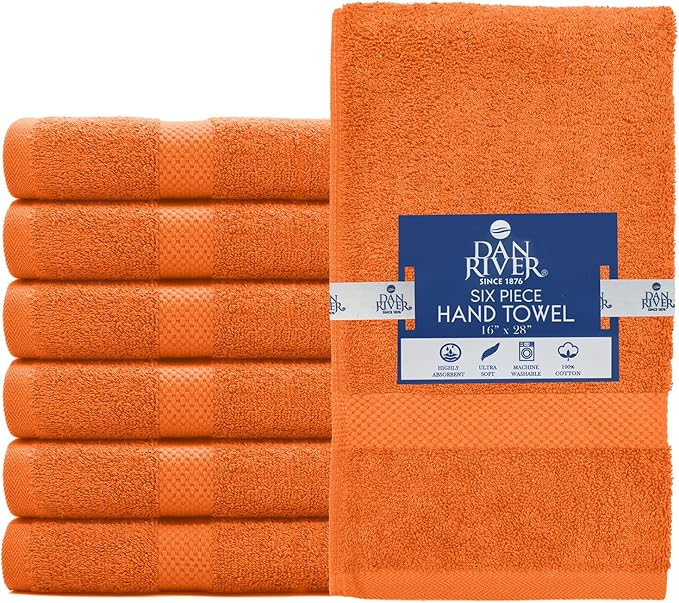 DAN RIVER 6-Pack Premium Hand Towels (16x28 Inches) - 100% Cotton, Ultra Soft, Lightweight, Highly Absorbent Towels for Bathroom, Spa, Gym, Salon, Hotel, and Travel - Orange