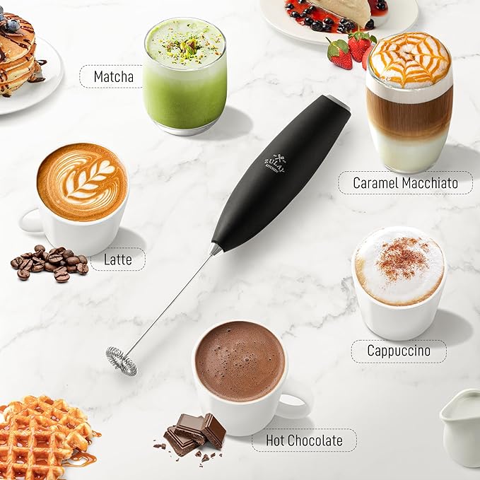Zulay Kitchen Milk Frother Handheld Electric Whisk – Frother Wand, Durable Drink Mixer, Stainless Steel Whisk, Coffee Frother, Hand Blender, Frother for Protein Powder, Lattes, Matcha & More - Black