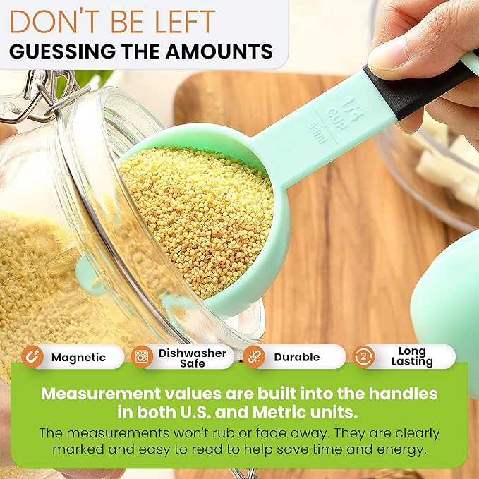 Spring Chef Mint Magnetic Measuring Cups and Spoons Set of 9, Stackable Plastic Kitchen Tool with Easy to Read Markings - Measure Dry or Liquid Ingredient for Baking & Cooking, BPA Free