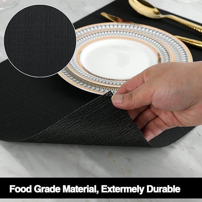 SLKQG Black Placemats Set of 4 - Easy Clean Washable Vinyl Placemats - Wipeable Heat Proof Table Mats for Dining Table - 17x12 Inch (Pure Black, 4)