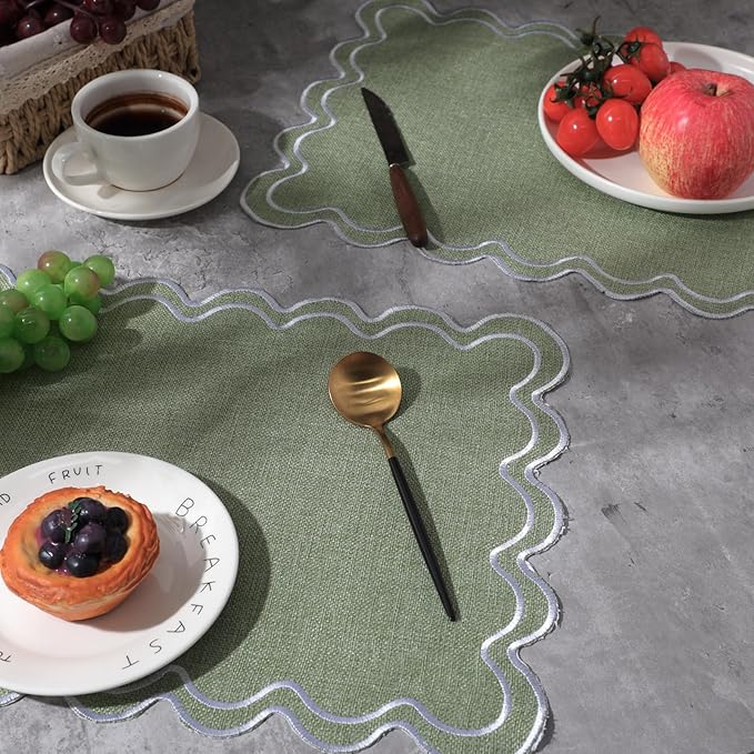 HunnmingRe Set of 6 Cotton Linen Placemats, 13x19 Inch Scalloped Wavy Embroidery Placemat Double Layered Washable Rustic Rectangle Dinner Table Mats for Wedding Home Decor(Sage Green with White)