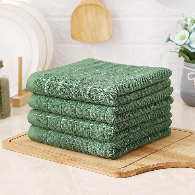 Homaxy 100% Cotton Terry Kitchen Towels(Grass Green, 13 x 28 inches), Checkered Designed, Soft and Super Absorbent Dish Towels, 18 Pack