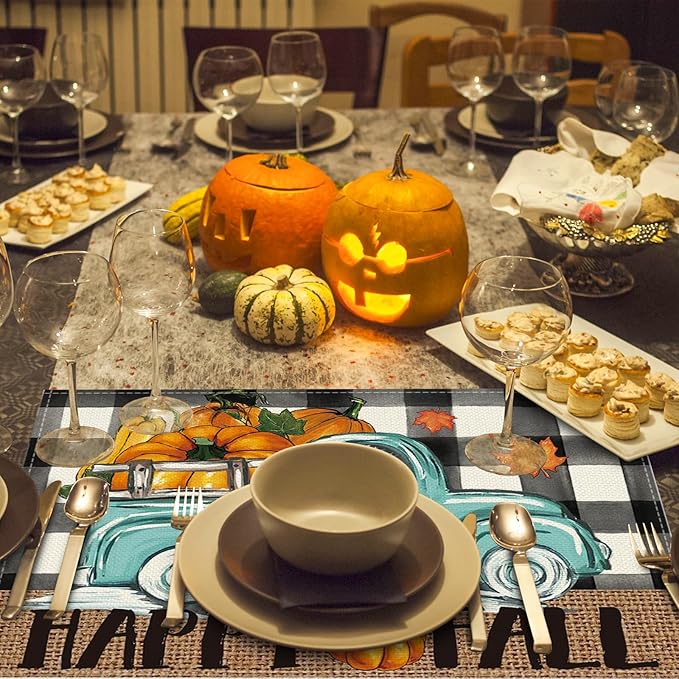 Niviy Buffalo Plaid Check Pumpkins Truck Thanksgiving Fall Placemats Set of 4, 12x18 Inch Autumn Table Mats for Holiday Party Kitchen Dining Room Decoration