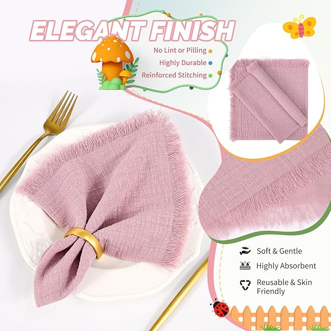 Showgeous 30 Pack Dusty Rose Cloth Napkins with Fringe 16x16 inch 100% Cotton Napkins Handmade Dinner Napkins Bulk Washable Soft Rustic Table Napkins for Wedding Parties Bridal Baby Shower