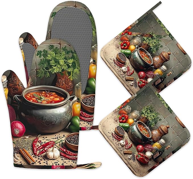 Herbs Spices Seasonings Oven Mitts and Pot Holders Set of 4, Heat Resistant Non Slip Kitchen Gloves Hot Pads,Chef Cooking Baking Gifts for Women Bakers,Kitchen Gifts for Cooking Lover Cooks