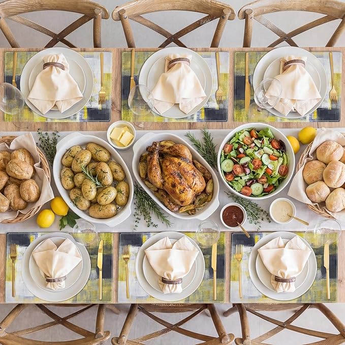Emvency Farmhouse Placemats Set of 6, Abstract Modern Yellow Grey Geometric 12x18 Inch Linen Rectangular Place Table Mats for Indoors & Outdoor Home Party Kitchen Dining Decoration