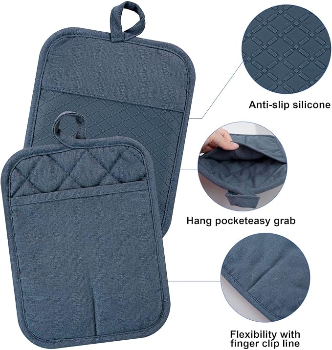 Oven Mitts and Pot Holders with Cooking Apron Set of 5, Heat Resistant Kitchen Gloves and Silicone Non-Slip Potholders, Adjustable Neck Buckle Chef Apron, Cotton Nice Design for Cooking （Navy…