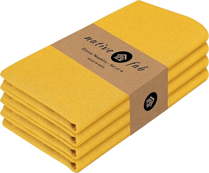Native Fab Cloth Napkins Set of 4, 17x17 inches, 100% Cotton, Washable, Reusable Fabric Linen, Table Decor Napkins for Dinner, Events, Parties, Wedding - Mustard Yellow