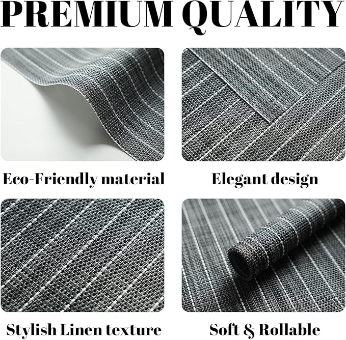 Placemats Set of 8 Vinyl/Plastic Woven Place Mats for Kitchen Table Indoor/Outdoor Washable Placemat Wipeable Dining Table Mats (Black Stripes,8)