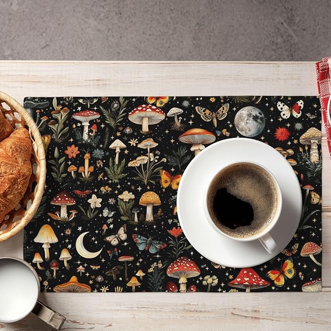 Black Mushroom and Butterfly Linen Placemats Set of 4, Heat Resistant Washable Table Mats for Kitchen Dining Table Party Holiday Outdoor Farmhous, Home Witchy Kitchen Decor, 12" x 18" Place Mats Black