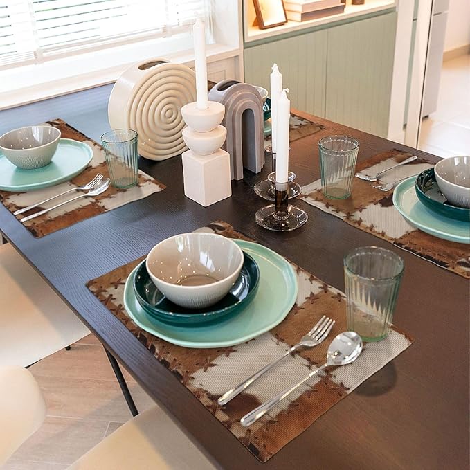 Cowhide Placemats Set of 4 Patchwork Cow Fur Print Linen Washable Placemat Kitchen Dining Heat-Resistant Farm Animal Place Mats Desktop Decor Western Cowboy Table Mats 12x18 Inch