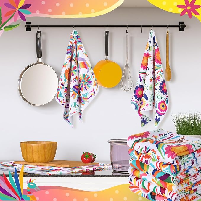 Breling Set of 6 Mexican Kitchen Towels Dia De Los Muertos Decorations Mexican Themed Dish Towel Bathroom Decorative Day of The Dead Hand Cloths Decor for Kitchen Bathroom Home Cooking, 14 x 21 Inch