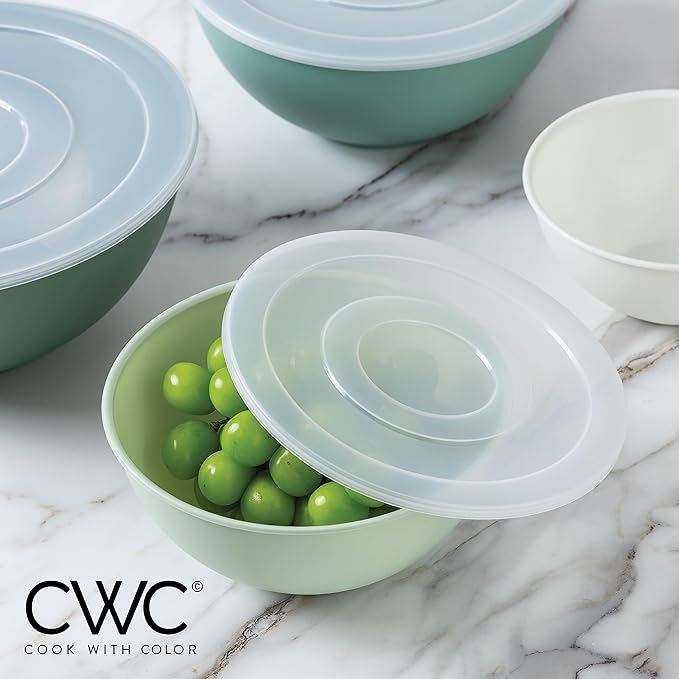 COOK WITH COLOR Mixing Bowls with Lids - 12 Piece Plastic Nesting Bowls Set includes 6 Prep Bowls and 6 Lids, Microwave Safe Mixing Bowl Set, Sage