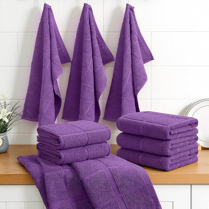 Homaxy Premium Kitchen Towels 18"x28", 6 Pack Large Cotton 380 GSM Dish Towels, Soft and Absorbent Kitchen Hand Towels with Terry Grid Design, Utility Tea Towel Set with Hanging Loop, Purple