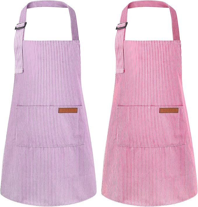 2 Pack Stripes Kids Apron, Kids Cooking Aprons with 2 Pockets, Cute Aprons for Cooking for Boys and Girls