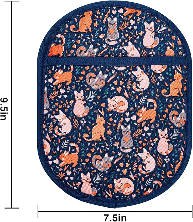 Pot Holders Set of 2 with Transparent Clear Silicone Shell and Nice Cat Flower Cotton Lining, Heat Resistant to 500 F Kitchen Oven Gloves Pot Holder for Cooking (Navy, Cat, Potholders)