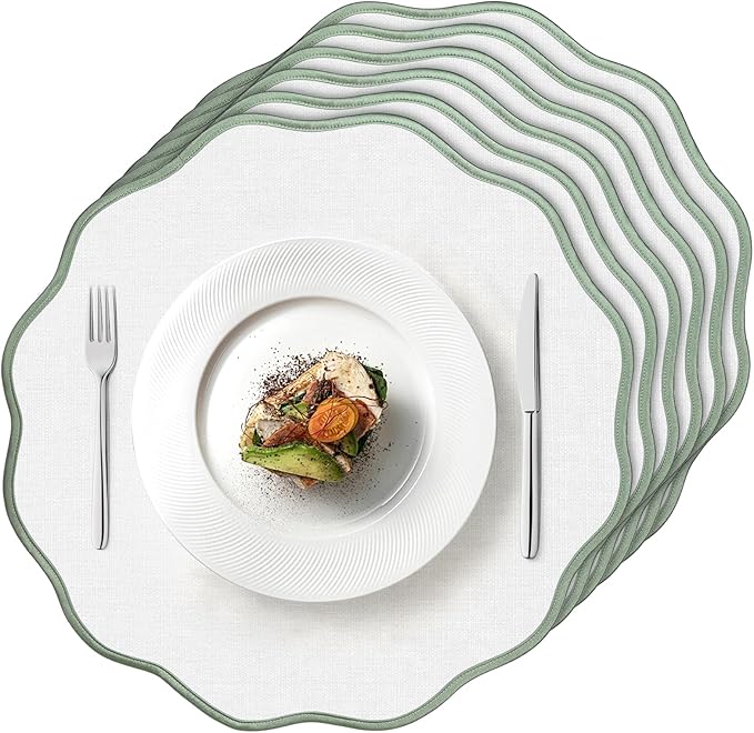 Set of 6 Scallop Linen Placemats, 15 Inch Light Green and White Round Placemats Cotton Linen Table Mats Handcrafted Machine Washable Wrinkle Free Dining Placemat for Hotel Restaurant Kitchen