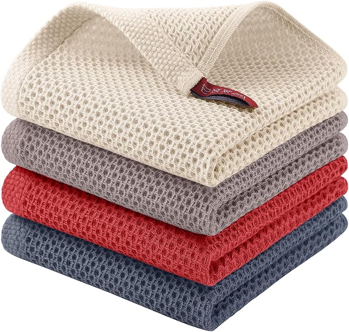 Homaxy 100% Cotton Waffle Weave Kitchen Dish Cloths, 4-Pack Ultra Soft Absorbent Dish Towels, Quick Drying Dish Rags, 12 x 12 Inches, Multicolor