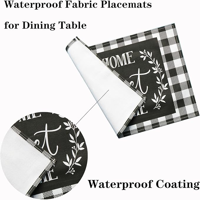 Buffalo Plaid Placemats Set of 4, Cloth Farmhouse Black White Linen Place Mats - Washable Heat Resistant Waterproof Table Mats for Ktichen Dining Table 18 X 12 Inch, Plaid