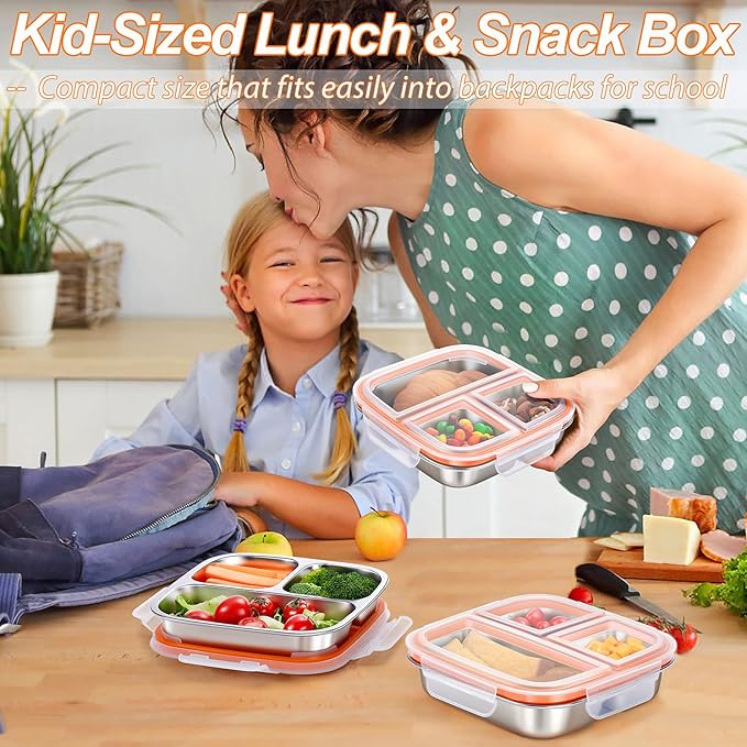 KTKUDY Stainless Steel Snack Container - Kids Lunch Container with 3 Compartment - Divided Meal Prep Bento Box for Kids Daycare, School, Work, Travel