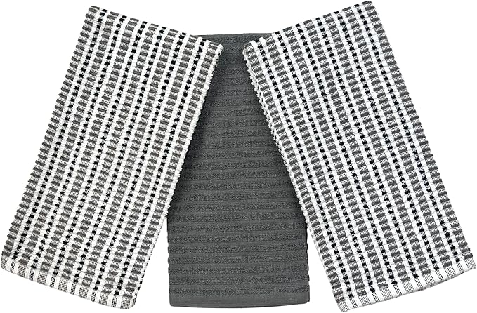 Thanksgiving Kitchen Towels- Set of 3 100% Cotton Solid Dark Gray and Checkerboard Grid Pattern Design- 28 x 18 Multipurpose Towels for Everyday Use