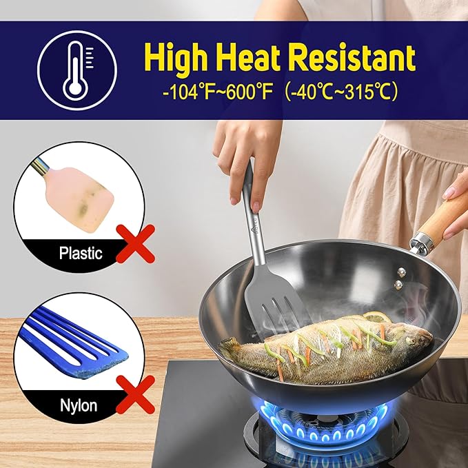 HOTEC Silicone Spatula Set of 2 Heat-Resistant 600°F & BPA-Free Kitchen SaptulaTurner with Stainless Steel Handles, Slotted & Solid Spatulas for Nonstick Cookware, 13.7 Inch, Grey