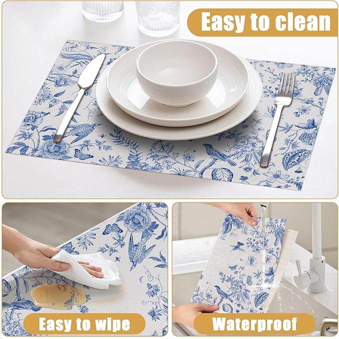 Spring Vintage Bird Placemats Set of 6, Chinoiserie Flower Linen Place Mat Washable Stain Resistant Table Mats for Farmhouse Kitchen 12x18 Inch