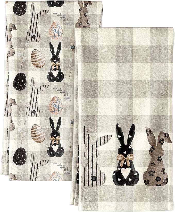Miss Adola 2pcs Easter Kitchen Towels - Flour Sack Tea Towels Set of 2 with Hanging Loop 18x26 Inch Spring Bunny Eggs Beige Checkered Hand Dish Cloths Reusable Dishcloths Cute Easter Decor