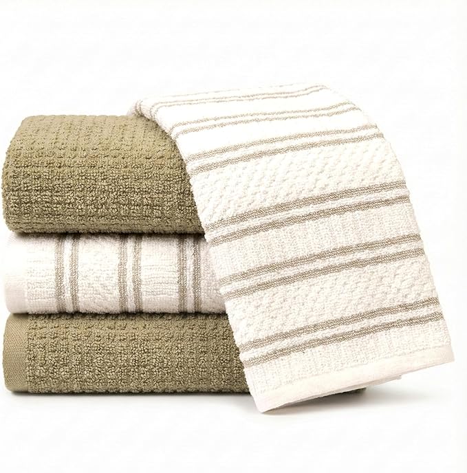 MosJos Kitchen Towels, Set of 4 Hand Towels Cotton Waffle Weave Taupe and White Dish Cloths 18 x 28 Super Absorbent and Striped Design