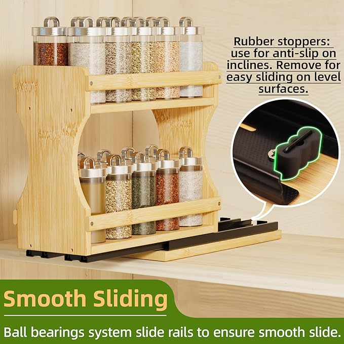 BAMEOS Pull Out Spice Rack Organizer for Cabinet, Bamboo Wide 4.2" Slide Out Seasoning Organizer for Kitchen, No Drill Anti-Tip Ball Bearing Silent Glides, Pantry Cabinet Organizer,Natural
