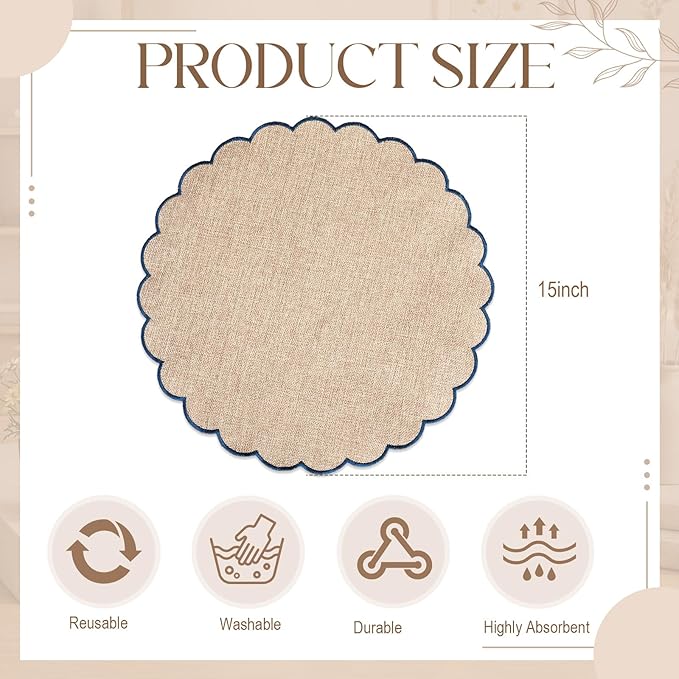 Set of 12 Blue Beige Cotton Placemats 15 Inch Round Scalloped Embroidery Placemats Washable Double Layered Rustic Table Mat Fabric Napkins for Wedding Table Decor