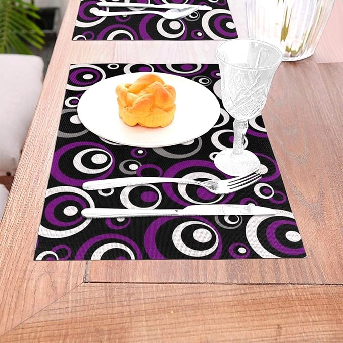 Purple Black Geometric Circles Linen Placemats 12 x 18 Inch Set of 4, Washable Heat Resistant Purple Table Mats for Dining Table Kitchen Party Wedding Outdoor, Modern Home Decor & Gift for Art Lovers