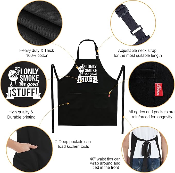 Kaidouma Funny Grilling Aprons for Men - I Only Smoke The Good Stuff - Funny Chef Cooking BBQ Grill Aprons with 2 Pockets - Birthday, Father's Day, Christmas Gifts for Dad, Husband, Boyfriend, Him