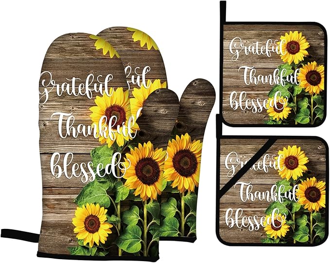 Sunflower Oven Mitts and Pot Holders 4pcs Set Wood Board Rustic Oven Mitts Summer Floral Heat-Resistant Non- Slip Oven Gloves for BBQ Baking Grilling Kitchen (Blessed)