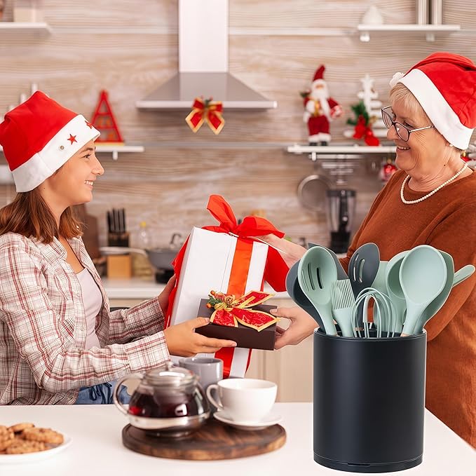LIBODOUR Kitchen Utensil Holder Extra Large 360°Rotating For Counter Organizer Stainless Steel Storage Cooking Silverware Caddy 3 Compartment Flatware Spoon Spatula Tool Cutlery Container（Black）