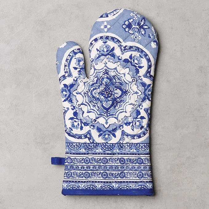 Maison d'Hermine Oven Gloves 100% Cotton Oven Mitt 7" x 13" with Loop Heat Resistant BBQ Cooking Gloves Baking Grilling Gifts for Mothers Day Spring/Summer (Pack of 1, Melodie Bleue)