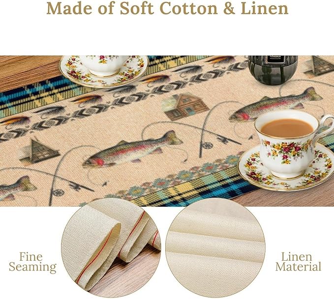 Rustic Cabin Fishing Table Runner Retro Hunting Southwestern Check Blue Art Printed Runner for Home Kitchen Dining Table Living Room Decor Fabric 1 Panel W13xL70in