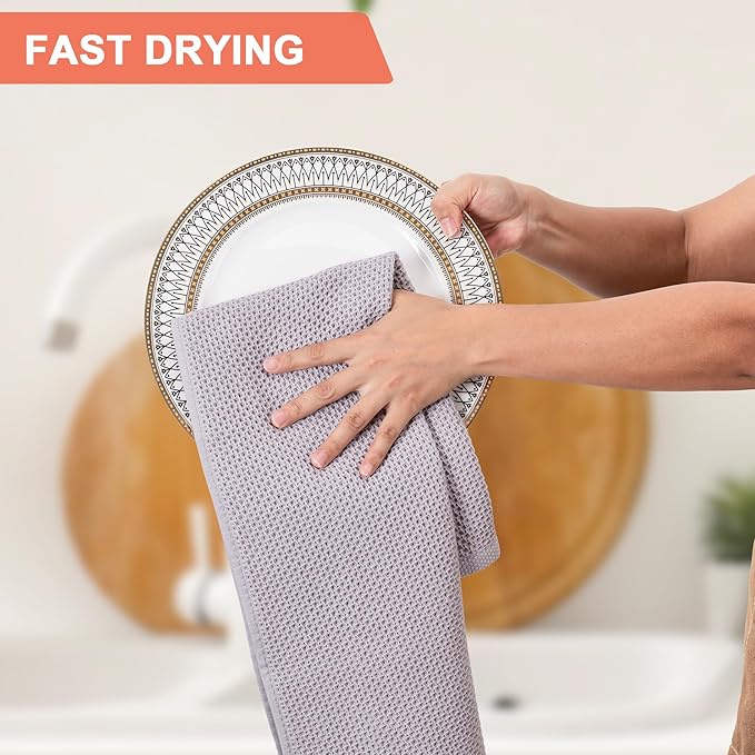 BOOMIBOO 4-Pack Dish Towels, 100% Cotton Waffle Weave, Ultra Soft Absorbent, Quick Drying, Light Grey, 13x28 Inches
